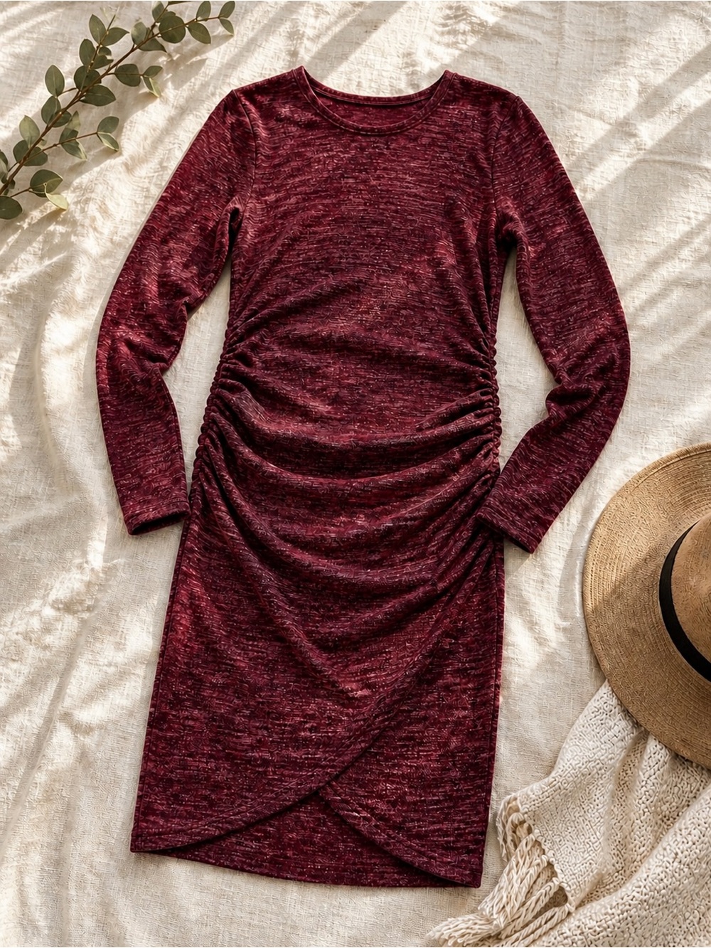 NWT Maternity Ruched Bodycon Dress XL Burgundy Long Sleeve Baby Shower